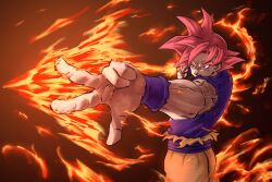 Rule 34 | 1boy, bad tag, cowboy shot, derivative work, dougi, dragon ball, dragon ball super, foreshortening, highres, jujutsu kaisen, looking to the side, male focus, outstretched arm, powering up, red eyes, red hair, screenshot redraw, short hair, solo, son goku, spiked hair, standing, super saiyan, super saiyan god, sydoria