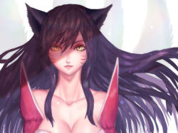 Rule 34 | 1girl, ahri (league of legends), animal ears, bad id, bad pixiv id, bare shoulders, black hair, breasts, cleavage, detached sleeves, facial mark, fox ears, fox tail, korean clothes, large breasts, league of legends, lips, long hair, multiple tails, red hod, slit pupils, solo, tail, whisker markings, yellow eyes
