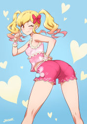 Rule 34 | 10s, 1girl, ;), aikatsu!, aikatsu! (series), aikatsu stars!, artist name, ass, bare shoulders, bent over, blonde hair, blush, bow, covered erect nipples, from behind, hair bow, hand on own hip, heart, heart background, joy ride, kneepits, looking at viewer, looking back, nijino yume, one eye closed, orange eyes, pantylines, pink shorts, pom pom (clothes), red bow, shorts, sidelocks, sleeveless, smile, solo, twintails, wrist cuffs
