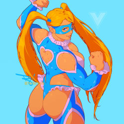 Rule 34 | 1girl, ass, blonde hair, blue background, blue eyes, blue leotard, breasts, cleavage, clothing cutout, cropped legs, flexing, hair pulled back, heart cutout, inktober, large breasts, leotard, long hair, mask, muscular, muscular female, rainbow mika, shoulder cutout, smile, solo, street fighter, street fighter v, the art mage, thick thighs, thighs, thong leotard, twintails