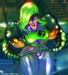 Rule 34 | 1girl, absurdres, adoggoart, arms (game), breasts, curvy, dr. coyle, female focus, green eyes, green hair, hands on own hips, highres, large breasts, lipstick, looking at viewer, makeup, nintendo, purple lips, solo, thick thighs, thighs, wide hips