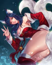 Rule 34 | 1girl, :p, ahri (league of legends), animal ears, ass, bad id, bad pixiv id, bare shoulders, blue hair, breasts, brown eyes, chicle, cleavage, collarbone, detached sleeves, dress, eyelashes, eyeliner, facial mark, fingernails, fox ears, fox tail, gradient background, hand on back, hand up, highres, korean clothes, large breasts, league of legends, long hair, long sleeves, looking at viewer, makeup, multiple tails, nose, parted bangs, parted lips, pink lips, red dress, red thighhighs, shiny skin, smile, smoke, solo, strapless, strapless dress, tail, tassel, thighhighs, tongue, tongue out, whisker markings