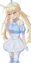 Rule 34 | 1girl, @ @, absurdres, ahoge, animal ears, artoria caster (fate), artoria caster (swimsuit) (fate), artoria caster (swimsuit) (second ascension) (fate), artoria pendragon (fate), bare shoulders, blonde hair, blue dress, blue thighhighs, blush, breasts, dress, fake animal ears, fate/grand order, fate (series), green eyes, hairband, highres, long hair, looking to the side, nanafuji kasuga, open mouth, puffy short sleeves, puffy sleeves, rabbit ears, short sleeves, skirt, small breasts, striped clothes, striped thighhighs, thighhighs, thighs, twintails, vertical-striped clothes, vertical-striped thighhighs, white skirt