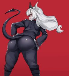 Rule 34 | 1girl, ass, breasts, demon girl, demon horns, demon tail, from behind, helltaker, highres, horns, huge ass, long hair, looking at viewer, looking back, lucifer (helltaker), naughty face, nuezou, pants, red eyes, shiny clothes, sideboob, skin tight, smile, solo, tail, third-party edit, white hair
