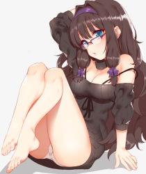 Rule 34 | 1girl, arm behind head, arm support, arm up, ass, bare legs, barefoot, black hair, black sweater, blue eyes, blush, bra strap, breasts, cleavage, detached collar, feet, full body, glasses, hair intakes, hairband, headband, highres, knees up, large breasts, legs, lips, long hair, long sleeves, looking at viewer, no pants, off-shoulder sweater, off shoulder, original, panties, parted lips, purple-framed eyewear, purple hairband, purple headband, ribbed sweater, semi-rimless eyewear, sidelocks, simple background, sitting, solo, sweater, toes, underwear, very long hair, white background, white panties, zhaofeng yinyue