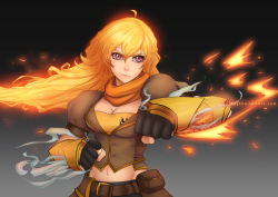 Rule 34 | 1girl, ahoge, artist name, belt, blonde hair, breasts, brown top, cleavage, clenched hand, clenched hands, fighting stance, fingerless gloves, fire, gauntlets, gloves, glowing, glowing hair, gradient background, long hair, midriff, pouch, purple eyes, rwby, scarf, scyfon, simple background, smile, smirk, smoke, solo, watermark, weapon, web address, yang xiao long