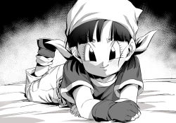 Rule 34 | 1girl, bandana, blush, chain, dragon ball, dragon ball gt, fingerless gloves, full body, gloves, greyscale, legs up, looking at viewer, lying, monochrome, on bed, on stomach, pan (dragon ball), pants, rom (20), shirt, short sleeves, smile, solo, the pose, toei animation