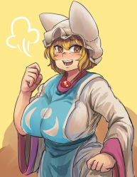 Rule 34 | 1girl, puff of air, alternate eye color, animal hat, blonde hair, blush, breasts, brown eyes, chanta (ayatakaoisii), cowboy shot, dress, fang, fox tail, hand up, hat, highres, large breasts, long sleeves, looking at viewer, looking to the side, mob cap, multiple tails, mob cap, short hair, simple background, slit pupils, solo, tabard, tail, teeth, tongue, touhou, white dress, wide sleeves, yakumo ran, yellow background