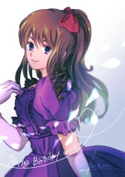 Rule 34 | 1girl, anrietta rochefort, arc the lad, arc the lad iii, blue eyes, brown hair, closed mouth, curly hair, dated, dress, gloves, happy birthday, highres, kanon (elcel0411), long hair, looking at viewer, ribbon, simple background, smile, solo, white background
