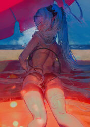 Rule 34 | 2girls, absurdres, ass, back, bare shoulders, beach, beach umbrella, betabeet, bikini, bikini bottom only, black bikini, blue archive, blush, breasts, cloud, commentary, dark-skinned female, dark skin, day, demon tail, english commentary, eyewear on head, from behind, grey hair, halo, highres, iori (blue archive), iori (swimsuit) (blue archive), long hair, looking at viewer, looking back, lotion, lying, medium breasts, multiple girls, navel, no bra, ocean, on stomach, outdoors, paid reward available, pointy ears, sand, shiroko (blue archive), shiroko terror (blue archive), sky, solo focus, string bikini, sunglasses, sunscreen, swimsuit, tail, thighs, topless, twintails, umbrella, very long hair, water