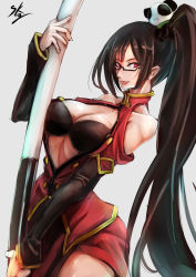 Rule 34 | 1girl, :&lt;, bare shoulders, black hair, blazblue, breasts, china dress, chinese clothes, cleavage, cleavage cutout, clothing cutout, dress, glasses, hair ornament, lao jiu, large breasts, lips, litchi faye ling, long hair, panda, polearm, red eyes, semi-rimless eyewear, side ponytail, side slit, smile, solo, sowel (sk3), under-rim eyewear, very long hair, weapon