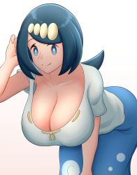 Rule 34 | 1girl, absurdres, adjusting hair, bent over, blue eyes, blue hair, blue skirt, breasts, cleavage, creatures (company), downblouse, female focus, freckles, game freak, hair ornament, highres, kiteman442, lana&#039;s mother (pokemon), large breasts, long skirt, looking at viewer, matching hair/eyes, mature female, nintendo, pokemon, pokemon (anime), pokemon sm (anime), shirt, short sleeves, simple background, skirt, smile, solo, split mouth, white background, white shirt