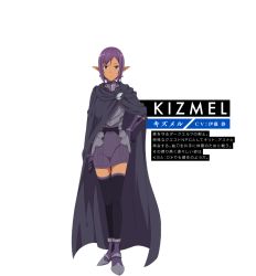 Rule 34 | 10s, 1girl, armor, black thighhighs, brown eyes, cape, character name, earrings, full body, gauntlets, hand on own hip, jewelry, kizmel, looking at viewer, pointy ears, purple hair, short hair, skirt, solo, sword art online, thighhighs, transparent background, zettai ryouiki