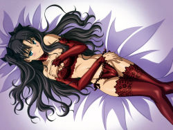Rule 34 | 1girl, bed sheet, black hair, blue eyes, blush, bow, bra, breasts, choker, covering privates, covering breasts, dakimakura (medium), detached sleeves, elbow gloves, fate/stay night, fate (series), frilled bra, frilled panties, frilled thighhighs, frills, gloves, green eyes, groin, hair bow, highres, ishihara megumi, legs, lingerie, long hair, long legs, lying, navel, on back, panties, red panties, red thighhighs, rotated, scan, side-tie panties, smile, solo, thighhighs, tohsaka rin, underwear, underwear only