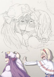 Rule 34 | 2girls, alice margatroid, blonde hair, blush, capelet, chasing, crescent, drawing, female focus, gogyoo hiroshi, hairband, hat, kiss, long hair, multiple girls, musical note, outstretched arms, patchouli knowledge, profile, purple eyes, purple hair, quill, reaching, short hair, sleeves past wrists, touhou, troll face, upper body, wavy mouth, yuri