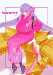 Rule 34 | 1girl, boots, breasts, claw (weapon), claws, fate/extra, fate/extra ccc, fate (series), hamo8129, high heel boots, high heels, highres, huge breasts, japanese clothes, kimono, long hair, new year, passionlip (fate), pink eyes, purple hair, purple ribbon, ribbon, smile, solo, very long hair, weapon