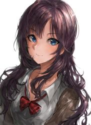 Rule 34 | 1girl, black hair, blue eyes, bow, chan1moon, commentary request, ear piercing, highres, ichinose shiki, idolmaster, idolmaster cinderella girls, jacket, long hair, looking at viewer, piercing, red bow, shirt, simple background, smile, solo, upper body, wavy mouth, white background, white shirt
