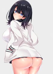 Rule 34 | 10s, 1girl, ass, black hair, black skirt, blue eyes, blush, breasts, closed mouth, gridman universe, hands in pockets, highres, hip focus, large breasts, long hair, long sleeves, looking at viewer, looking back, microskirt, miniskirt, no panties, pleated skirt, sankakusui, school uniform, shiny skin, simple background, skirt, solo, ssss.gridman, sweater, swept bangs, takarada rikka, thighs, white background, white sweater