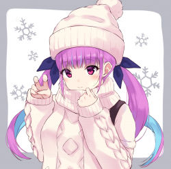 Rule 34 | 1girl, beanie, blue hair, blush, closed mouth, colored inner hair, hair ribbon, hat, highres, hololive, long hair, looking at viewer, minato aqua, minikon, multicolored hair, pom pom (clothes), purple eyes, purple hair, ribbon, simple background, sleeves past wrists, smile, snowflakes, solo, sweater, two-tone hair, upper body, virtual youtuber, white background
