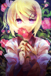 Rule 34 | 1girl, blonde hair, bridal gauntlets, detached sleeves, flower, hair ornament, hairclip, hand on another&#039;s chest, hand on own chest, highres, japanese clothes, kagamine rin, looking at viewer, multicolored eyes, project diva, project diva (series), project diva extend, raspberry (module), sachirika, short hair, smile, solo, vocaloid