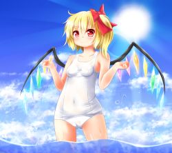 Rule 34 | 1girl, asymmetrical hair, blonde hair, cameltoe, covered navel, female focus, flandre scarlet, highres, one-piece swimsuit, red eyes, rena (riries), school swimsuit, side ponytail, solo, swimsuit, touhou, water, white school swimsuit, white one-piece swimsuit, wings