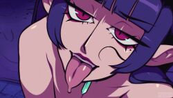 Rule 34 | 1girl, animated, animated gif, blue hair, crystal, cum, cum in mouth, eyeshadow, facial, jewelry, makeup, necklace, night, nude, pointy ears, red eyes, red eyeshadow, speedoru, tongue, tongue out