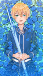 Rule 34 | 1boy, absurdres, blonde hair, blue flower, blue jacket, blue rose, commentary request, eugeo, facing viewer, flower, green eyes, hair between eyes, hands on own stomach, highres, holding, holding sword, holding weapon, jacket, liang an, long sleeves, looking at viewer, lying, male focus, on back, open mouth, pants, partially submerged, rose, sheath, sheathed, short hair, smile, solo, sword, sword art online, sword art online: alicization, water, weapon