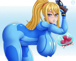 Rule 34 | 1girl, ass, blonde hair, blue eyes, blush, breasts, covered erect nipples, female focus, gun, hanging breasts, impossible clothes, large breasts, long hair, looking at viewer, metroid, metroid (creature), mole, nintendo, open mouth, ponytail, samus aran, solo, super smash bros., takilmar, weapon, zero suit