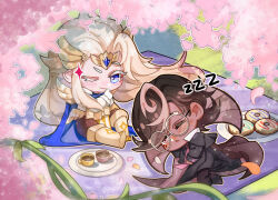 2boys armor blonde_hair blue_eyes chibi chibi_only chinese_commentary commentary_request cookie_run cookie_run:_kingdom cup dark-skinned_male dark_skin doughnut espresso_cookie food formal_clothes fuzhaochuan glasses long_hair looking_at_viewer madeleine_cookie male_focus mug multiple_boys outdoors plate round_eyewear sleeping suit zzz