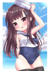Rule 34 | 1girl, absurdres, beach, black neckerchief, black thighhighs, blue one-piece swimsuit, blue sky, brown hair, cloud, cowboy shot, day, dixie cup hat, hat, highres, horizon, long hair, looking at viewer, military hat, neckerchief, new school swimsuit, ocean, one-piece swimsuit, one eye closed, original, outdoors, red eyes, sailor collar, sailor hat, sailor shirt, school swimsuit, shinonome meguri, shirt, sky, sun, swimsuit, thighhighs, white hat, white sailor collar, white shirt