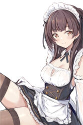Rule 34 | 1girl, alternate costume, apron, black hair, black thighhighs, blush, breasts, cleavage, cleavage cutout, clothing cutout, commentary request, elbow gloves, enmaided, gloves, idolmaster, idolmaster shiny colors, light smile, looking at viewer, maid, maid headdress, mayuzumi fuyuko, medium breasts, nannacy7, simple background, solo, thighhighs, waist apron, white apron, white background, white gloves, zettai ryouiki