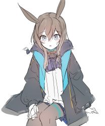 Rule 34 | 1girl, amiya (arknights), animal ears, arknights, ban mumani, black jacket, blue eyes, brown hair, female focus, hair between eyes, highres, jacket, long sleeves, looking at viewer, open clothes, open jacket, open mouth, pantyhose, rabbit ears, shirt, simple background, sitting, sketch, solo, sweat, triangle mouth, white background