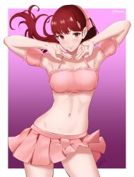 Rule 34 | 1girl, absurdres, armpits, bad source, bikini, blush, bow, commission, commissioner upload, hakuink, highres, looking at viewer, midriff, official alternate costume, persona, persona 5, persona 5 the royal, pink bikini, pink bow, ponytail, red hair, smile, solo, swimsuit, yoshizawa kasumi