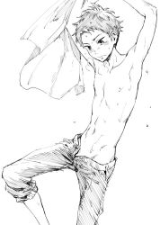 Rule 34 | 1boy, blush, high speed!, male focus, monochrome, shiina asahi, topless male, tataru (pixiv 785179), undressing