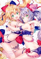 Rule 34 | 2girls, :d, absurdres, ahoge, alternate costume, alternate hairstyle, armband, ass, azur lane, bandeau, bare legs, bare shoulders, bikini, blonde hair, blue background, blue bow, blush, bow, breasts, bridal garter, butt crack, collarbone, cross, cross earrings, duplicate, earrings, feet out of frame, frilled bikini, frills, green eyes, hair bow, hair intakes, highres, hug, jewelry, l&#039;opiniatre (azur lane), l&#039;opiniatre (beachside magician) (azur lane), le temeraire (azur lane), le temeraire (summery temeraire!) (azur lane), long hair, applying manicure, medium breasts, multiple girls, nail polish, navel, open mouth, orange nails, polka dot, polka dot background, purple bikini, purple hair, red bow, red nails, riichu, scan, sidelocks, small breasts, smile, star (symbol), starry background, stomach, strapless, strapless bikini, swimsuit, thigh strap, thighs, twintails, very long hair