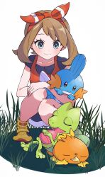 Rule 34 | 1girl, anidf, bike shorts, blush, bow hairband, brown hair, closed mouth, collarbone, commentary, creatures (company), eyelashes, game freak, gen 3 pokemon, grass, grey eyes, hairband, highres, looking down, may (pokemon), mudkip, nintendo, pokemon, pokemon (creature), pokemon oras, red hairband, red shirt, shirt, shoes, shorts, smile, squatting, starter pokemon trio, symbol-only commentary, torchic, treecko, white shorts, yellow footwear