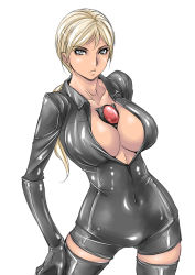 Rule 34 | 1girl, adapted costume, bad id, bad pixiv id, between breasts, blonde hair, blue eyes, breasts, cleavage, covered navel, elbow gloves, gem, gloves, hand on thigh, highres, jill valentine, large breasts, latex, long hair, ponytail, resident evil, resident evil 5, skin tight, solo, thighhighs, tuna21, unitard, zettai ryouiki