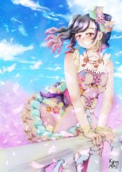Rule 34 | 1girl, aqua bow, aqua ribbon, aqua skirt, artist name, artist request, bare shoulders, black hair, blue sky, blush, bow, bracelet, breasts, cherry blossom fairy (love live!), cloud, collared dress, day, dress, dress bow, earrings, female focus, floating hair, flower, flower print, frilled dress, frills, grin, hair between eyes, hair bow, hair flower, hair ornament, half-closed eyes, heart, heart earrings, highres, jewelry, kingan, long hair, looking at viewer, love live!, love live! school idol festival, love live! school idol festival all stars, love live! school idol project, miniskirt, myopia (kingan artlife), nail, nail polish, outdoors, parted lips, pink bow, pink dress, pink flower, pink nails, pink nails, pink ribbon, pink skirt, plaid, plaid dress, plaid skirt, pleated, pleated dress, pleated skirt, red eyes, ribbon, short hair, short twintails, skirt, sky, sleeveless, sleeveless dress, small breasts, smile, solo, striped, striped bow, teeth, twintails, white bow, white dress, white wrist cuffs, wrist cuffs, yazawa nico