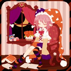 Rule 34 | 1boy, black socks, blush stickers, book, capelet, character doll, closed eyes, closed mouth, commentary request, crescent moon, curtains, flower, hat, indoors, jester cap, kirby, kirby (series), magolor, male focus, marx (kirby), moon, multicolored clothes, multicolored headwear, multicolored shorts, navel, neck ribbon, night, nintendo, no nose, no shoes, on chair, paper, personification, pink hair, pointy ears, red flower, red ribbon, red rose, ribbon, rose, shirt, short hair, shorts, sitting, sleeves past fingers, sleeves past wrists, smile, socks, striped clothes, striped socks, striped wall, usagi nui, white capelet, yellow shirt