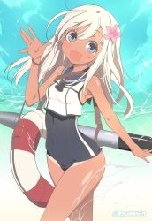 Rule 34 | 10s, 1girl, :d, bare shoulders, beach, blonde hair, blue eyes, bracelet, crop top, flower, hair flower, hair ornament, highres, jewelry, kantai collection, lifebuoy, long hair, md5 mismatch, naitou ryuu, one-piece swimsuit, one-piece tan, open mouth, resized, ro-500 (kancolle), school swimsuit, school uniform, serafuku, smile, solo, swim ring, swimsuit, tan, tanline, torpedo, twitter username, water