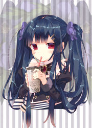 Rule 34 | 1girl, arikawa satoru, black hair, blush, bow, bubble tea, copyright name, cup, drinking, flower knight girl, hair bow, hair ornament, hairclip, highres, holding, holding cup, long hair, looking at viewer, purple bow, red eyes, solo, striped, striped background, torikabuto (flower knight girl), twintails, upper body