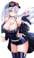 Rule 34 | 1girl, ;o, absurdres, asymmetrical gloves, azur lane, belt, blowing kiss, breasts, cleavage, commission, dress, enterprise (azur lane), enterprise (wind catcher) (azur lane), eyewear on headwear, fingerless gloves, gloves, hair through headwear, halter dress, halterneck, heart, highres, large breasts, long hair, looking at viewer, off shoulder, official alternate costume, one eye closed, partially fingerless gloves, purple eyes, race queen, second-party source, silver hair, single fingerless glove, sleeveless, solo, toy bits, uneven gloves, very long hair, white belt