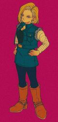 Rule 34 | 1girl, android 18, annoyed, belt, blonde hair, blue skirt, boots, breasts, dragon ball, dragonball z, earrings, full body, jewelry, medium breasts, pikurusu, pink background, short hair, simple background, skirt, solo, standing