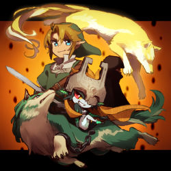 Rule 34 | 1boy, 1girl, blonde hair, blue eyes, chain, colored sclera, cuffs, green headwear, green shirt, grin, hat, helmet, hero&#039;s shade, holding, holding sword, holding weapon, letterboxed, link, wolf link, looking at viewer, midna, multiple persona, nintendo, orange background, orange hair, pointy ears, red eyes, shackles, shirt, smile, sword, the legend of zelda, the legend of zelda: twilight princess, ukata, weapon, yellow sclera