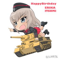 Rule 34 | 1girl, black coat, blonde hair, blue eyes, boots, chibi, coat, commentary, english text, garrison cap, girls und panzer, hat, highres, itsumi erika, kuromorimine military uniform, lying, military vehicle, motor vehicle, on stomach, panzer iii, pointing, red shirt, red skirt, scamp (scamp f16), shirt, skirt, solo, tank, twitter username
