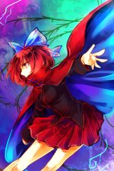 Rule 34 | 1girl, bow, cape, female focus, hair bow, kutsuki kai, looking away, outstretched arm, pleated skirt, red eyes, red hair, sekibanki, shirt, skirt, solo, touhou
