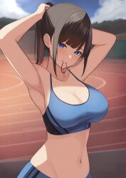 Rule 34 | 1girl, armpits, arms up, blue eyes, breasts, brown hair, cleavage, cloud, day, grin, hair tie, highres, large breasts, long hair, looking at viewer, midriff, mouth hold, navel, original, outdoors, ponytail, running track, seductive smile, sidelocks, smile, solo, spaghetti strap, sports bikini, stomach, track and field, tying hair, wabimochi
