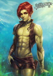 Rule 34 | 1boy, abs, arm tattoo, bishounen, choker, collared jacket, colored skin, earrings, fantasy, green skin, highres, jacket, jewelry, leather shorts, lip piercing, looking at viewer, male focus, mrelagan, orc, original, piercing, pointy ears, realistic, red hair, scabbard, sheath, single bracer, single earring, single shoulder pad, sleeveless, sleeveless jacket, sunlight, tattoo