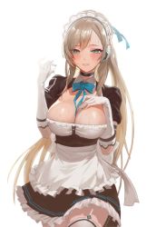 Rule 34 | 1girl, absurdres, amebi, apron, asuna (blue archive), black choker, black dress, blue archive, blue eyes, bow, bowtie, breasts, brown hair, choker, cleavage, commission, cowboy shot, dress, frilled dress, frills, garter straps, gloves, grin, hand on own chest, hand up, headphones, highres, large breasts, long hair, looking at viewer, maid, maid apron, maid headdress, mole, mole on breast, mole under eye, short sleeves, simple background, smile, solo, sweat, thighhighs, very long hair, waist apron, white background, white gloves, white thighhighs, wing collar