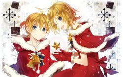 Rule 34 | 1boy, 1girl, ahoge, alternate costume, bad id, bad pixiv id, bell, blonde hair, blue eyes, brother and sister, capelet, caplet, christmas, collar, commentary request, dress, gloves, hair ornament, hair ribbon, hairclip, hood, jewelry, kagamine len, kagamine rin, looking at viewer, looking back, open mouth, red dress, red gloves, red hood, ribbon, santa costume, short hair, siblings, smile, snow, snowflakes, snowing, square, star (symbol), utaori, vocaloid